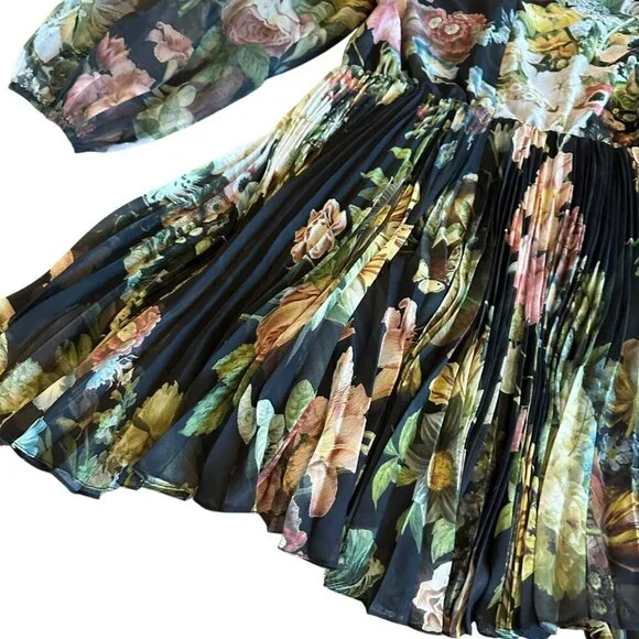 Pankaj & Nidhi Anthro Chiffon Floral Print Dress Long Sleeve Pleated Size Medium - Picture 13 of 16